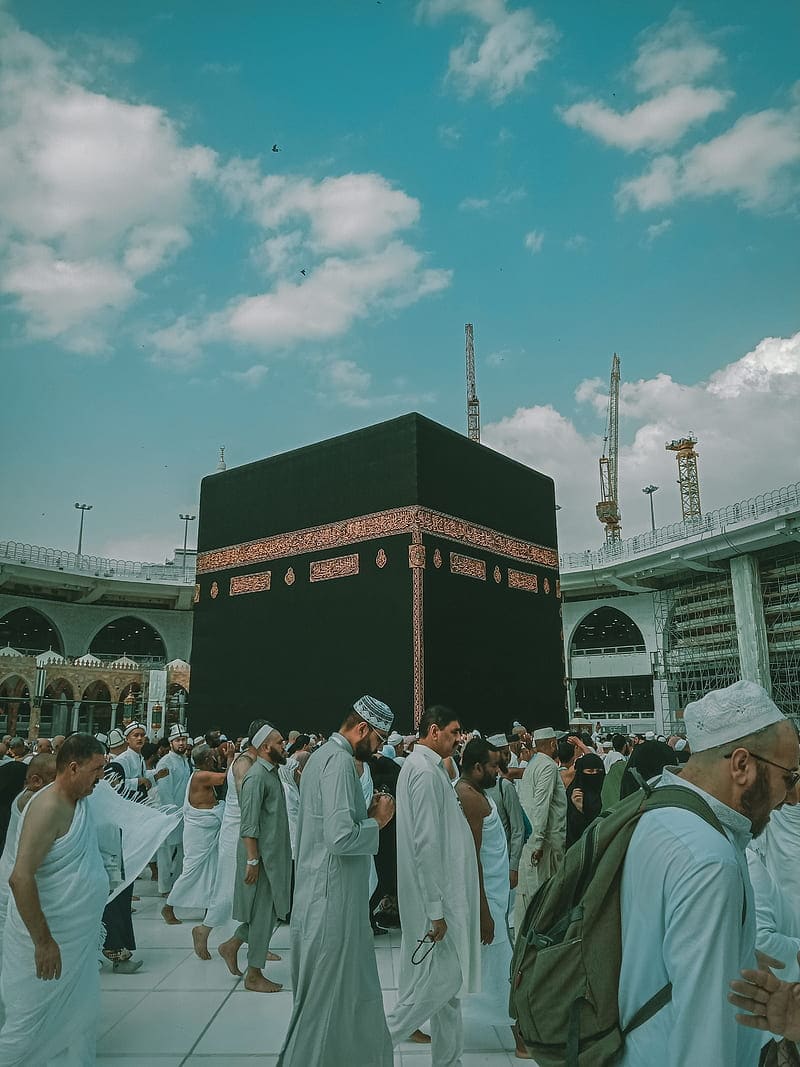 The Kaaba draped in the Kiswah at the centre of the Masjid al-Haram
